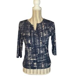 Anne Klein Black Printed Faux Wrap Style Career Blouse Women SZ S